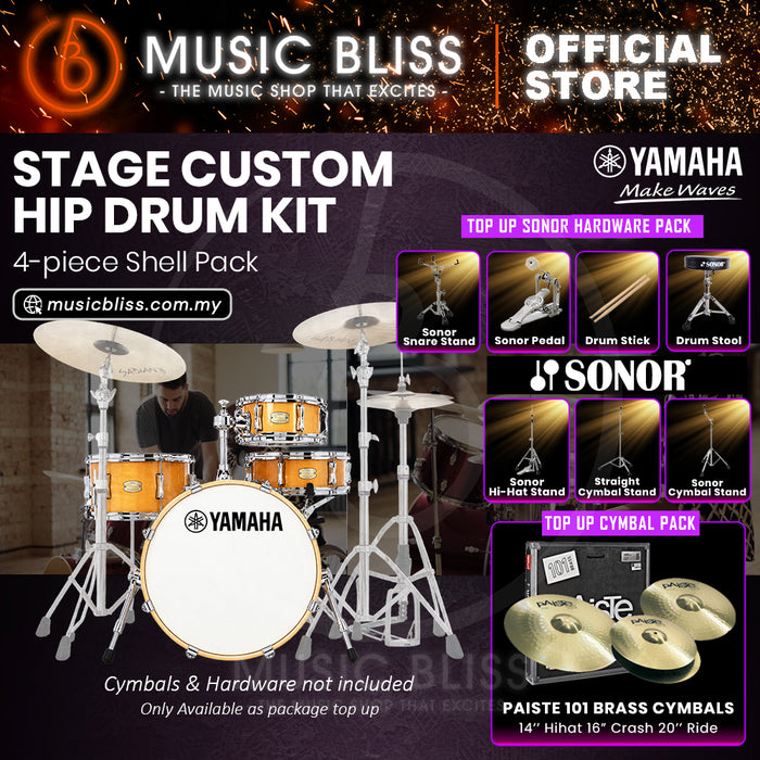 Yamaha Stage Custom Hip 4-Piece Acoustic Drum Kit – 20" Bass Drum – Shell Pack Only or Complete Package with Hardware & Cymbals - Natural Wood