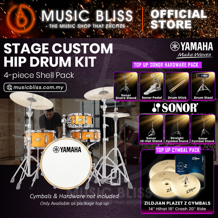 Yamaha Stage Custom Hip 4-Piece Acoustic Drum Kit – 20" Bass Drum – Shell Pack Only or Complete Package with Hardware & Cymbals - Natural Wood