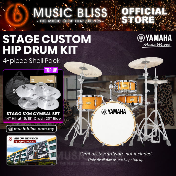 Yamaha Stage Custom Hip 4-Piece Acoustic Drum Kit – 20" Bass Drum – Shell Pack Only or Complete Package with Hardware & Cymbals - Natural Wood