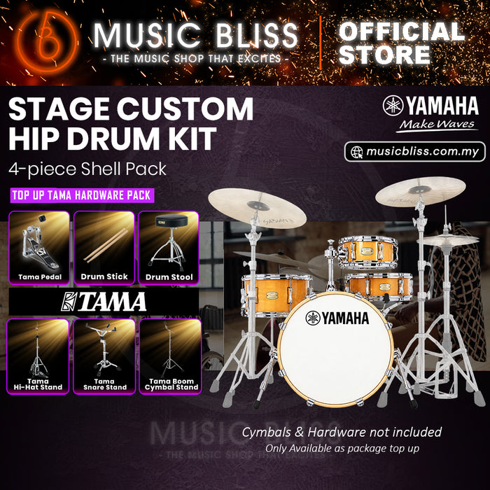 Yamaha Stage Custom Hip 4-Piece Acoustic Drum Kit – 20" Bass Drum – Shell Pack Only or Complete Package with Hardware & Cymbals - Natural Wood