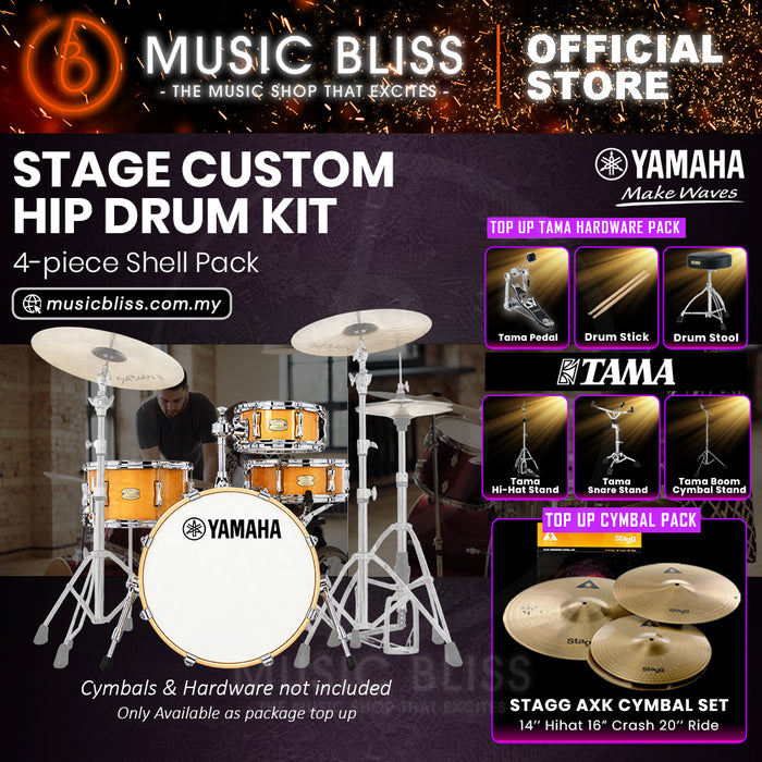Yamaha Stage Custom Hip 4-Piece Acoustic Drum Kit – 20" Bass Drum – Shell Pack Only or Complete Package with Hardware & Cymbals - Natural Wood