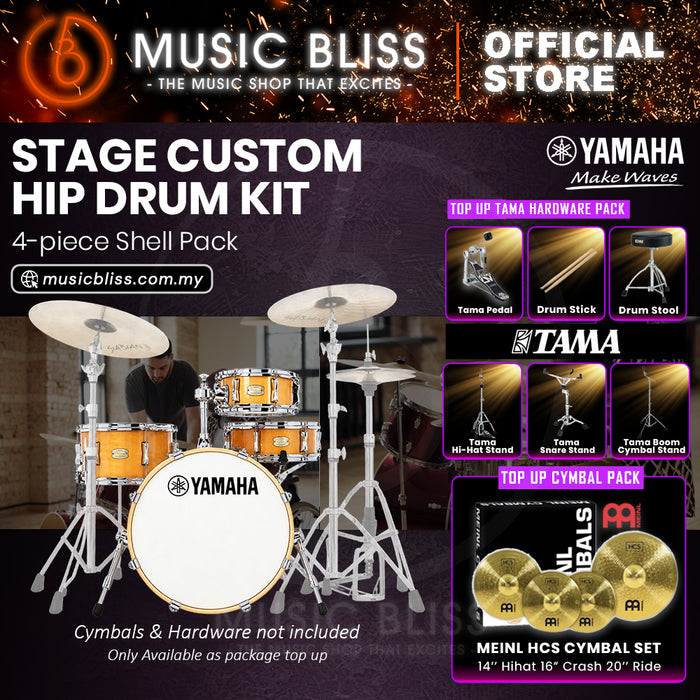 Yamaha Stage Custom Hip 4-Piece Acoustic Drum Kit – 20" Bass Drum – Shell Pack Only or Complete Package with Hardware & Cymbals - Natural Wood