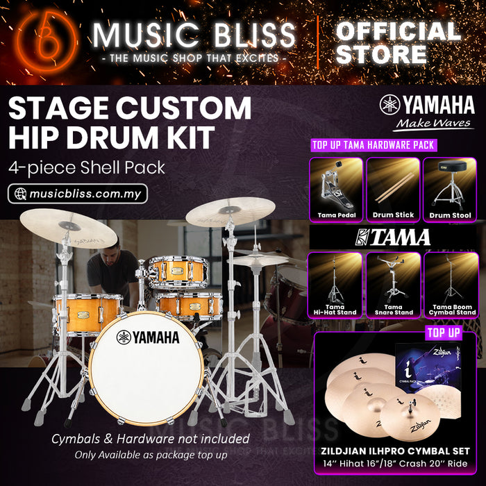 Yamaha Stage Custom Hip 4-Piece Acoustic Drum Kit – 20" Bass Drum – Shell Pack Only or Complete Package with Hardware & Cymbals - Natural Wood