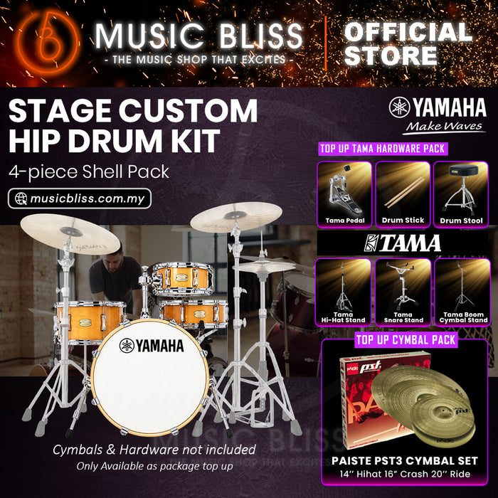 Yamaha Stage Custom Hip 4-Piece Acoustic Drum Kit – 20" Bass Drum – Shell Pack Only or Complete Package with Hardware & Cymbals - Natural Wood