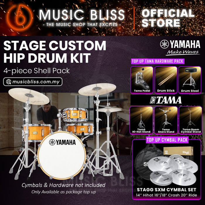 Yamaha Stage Custom Hip 4-Piece Acoustic Drum Kit – 20" Bass Drum – Shell Pack Only or Complete Package with Hardware & Cymbals - Natural Wood