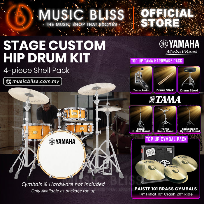 Yamaha Stage Custom Hip 4-Piece Acoustic Drum Kit – 20" Bass Drum – Shell Pack Only or Complete Package with Hardware & Cymbals - Natural Wood