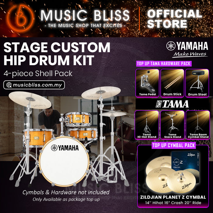 Yamaha Stage Custom Hip 4-Piece Acoustic Drum Kit – 20" Bass Drum – Shell Pack Only or Complete Package with Hardware & Cymbals - Natural Wood
