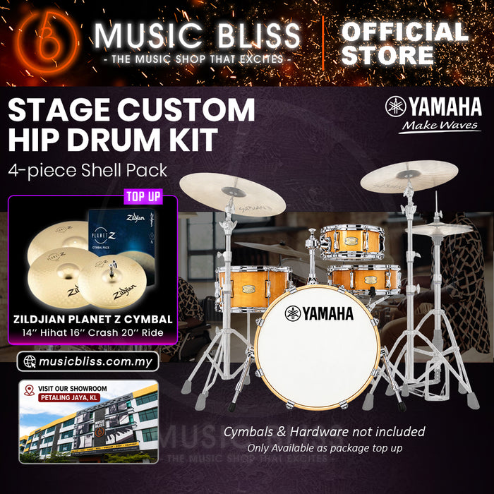 Yamaha Stage Custom Hip 4-Piece Acoustic Drum Kit – 20" Bass Drum – Shell Pack Only or Complete Package with Hardware & Cymbals - Natural Wood