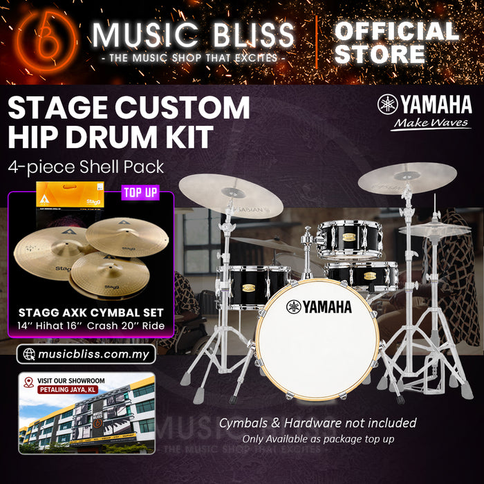 Yamaha Stage Custom Hip 4-Piece Acoustic Drum Kit – 20" Bass Drum – Shell Pack Only or Complete Package with Hardware & Cymbals - Raven Black