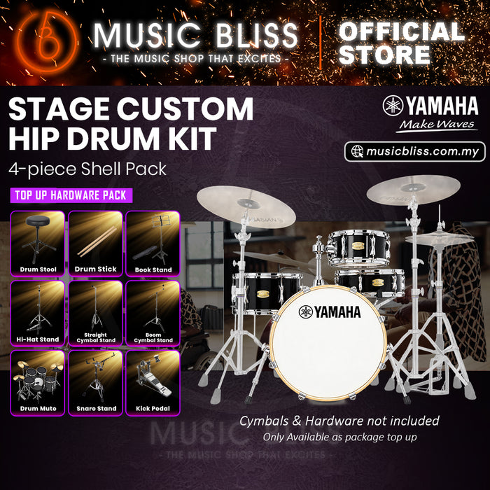 Yamaha Stage Custom Hip 4-Piece Acoustic Drum Kit – 20" Bass Drum – Shell Pack Only or Complete Package with Hardware & Cymbals - Raven Black