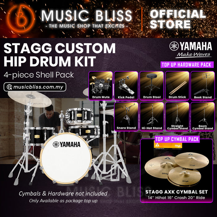 Yamaha Stage Custom Hip 4-Piece Acoustic Drum Kit – 20" Bass Drum – Shell Pack Only or Complete Package with Hardware & Cymbals - Raven Black