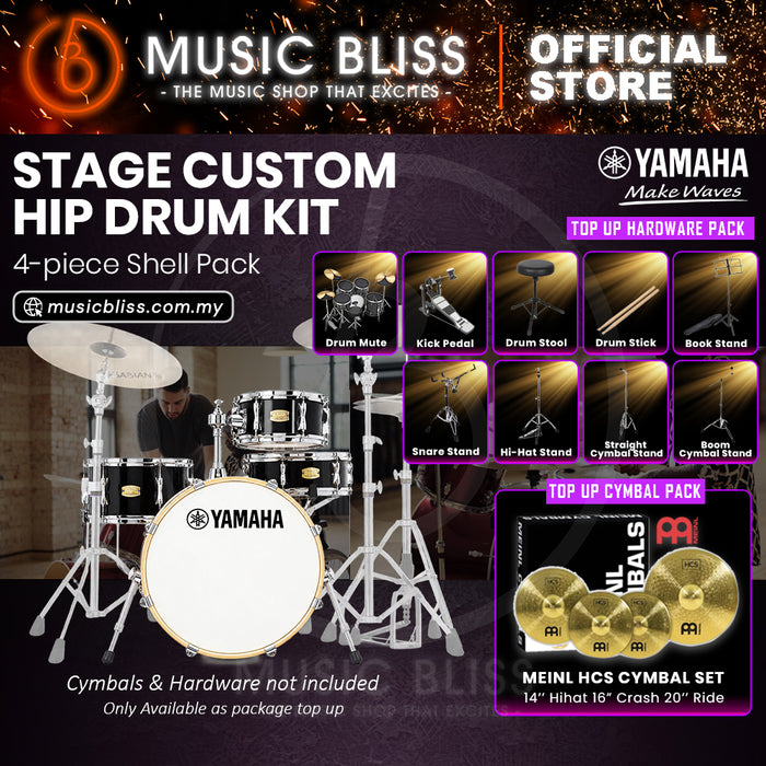 Yamaha Stage Custom Hip 4-Piece Acoustic Drum Kit – 20" Bass Drum – Shell Pack Only or Complete Package with Hardware & Cymbals - Raven Black