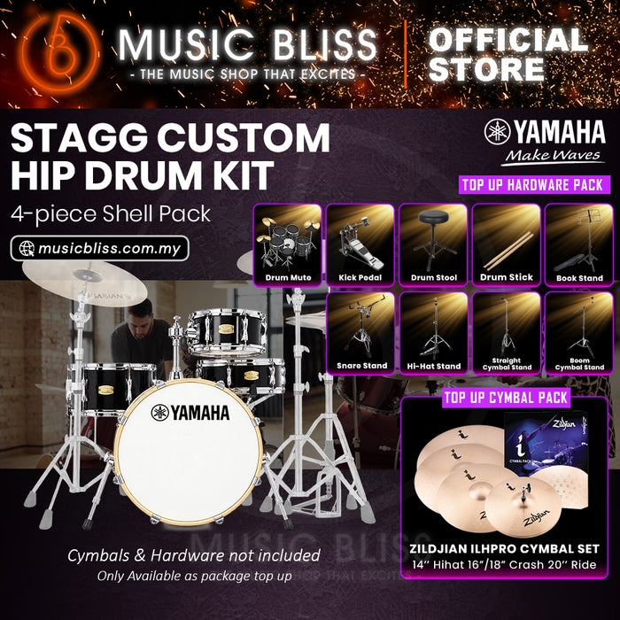 Yamaha Stage Custom Hip 4-Piece Acoustic Drum Kit – 20" Bass Drum – Shell Pack Only or Complete Package with Hardware & Cymbals - Raven Black