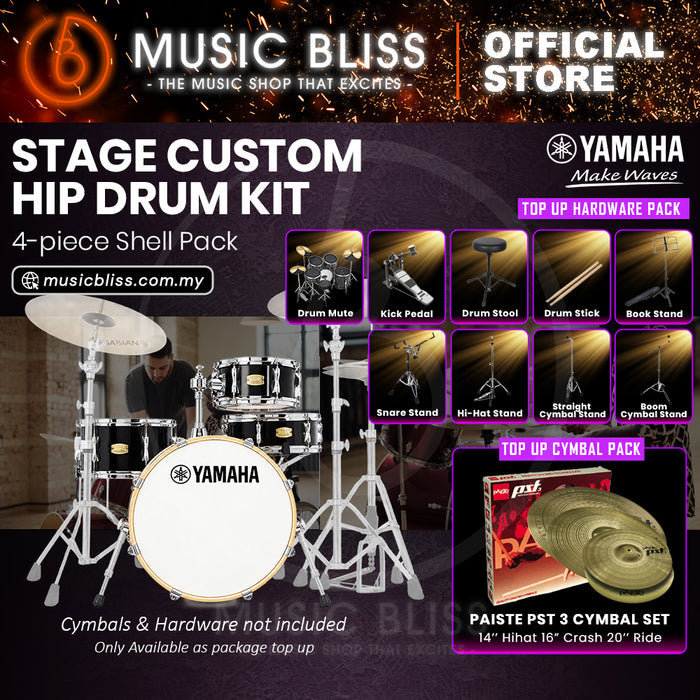 Yamaha Stage Custom Hip 4-Piece Acoustic Drum Kit – 20" Bass Drum – Shell Pack Only or Complete Package with Hardware & Cymbals - Raven Black