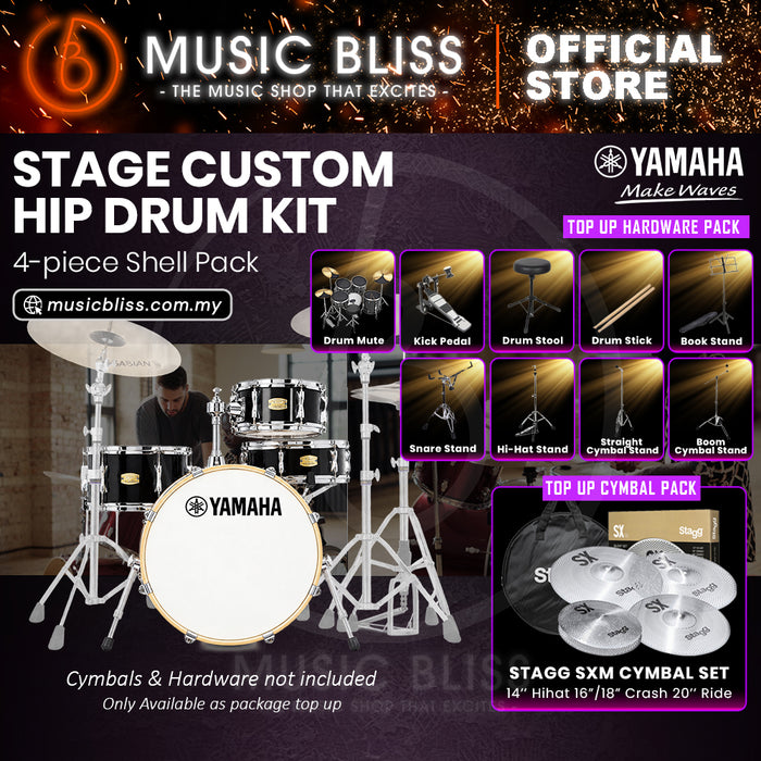 Yamaha Stage Custom Hip 4-Piece Acoustic Drum Kit – 20" Bass Drum – Shell Pack Only or Complete Package with Hardware & Cymbals - Raven Black