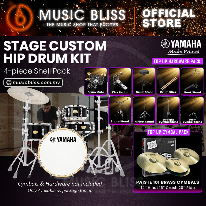 Yamaha Stage Custom Hip 4-Piece Acoustic Drum Kit – 20" Bass Drum – Shell Pack Only or Complete Package with Hardware & Cymbals - Raven Black