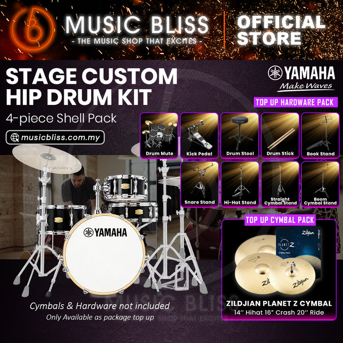 Yamaha Stage Custom Hip 4-Piece Acoustic Drum Kit – 20" Bass Drum – Shell Pack Only or Complete Package with Hardware & Cymbals - Raven Black