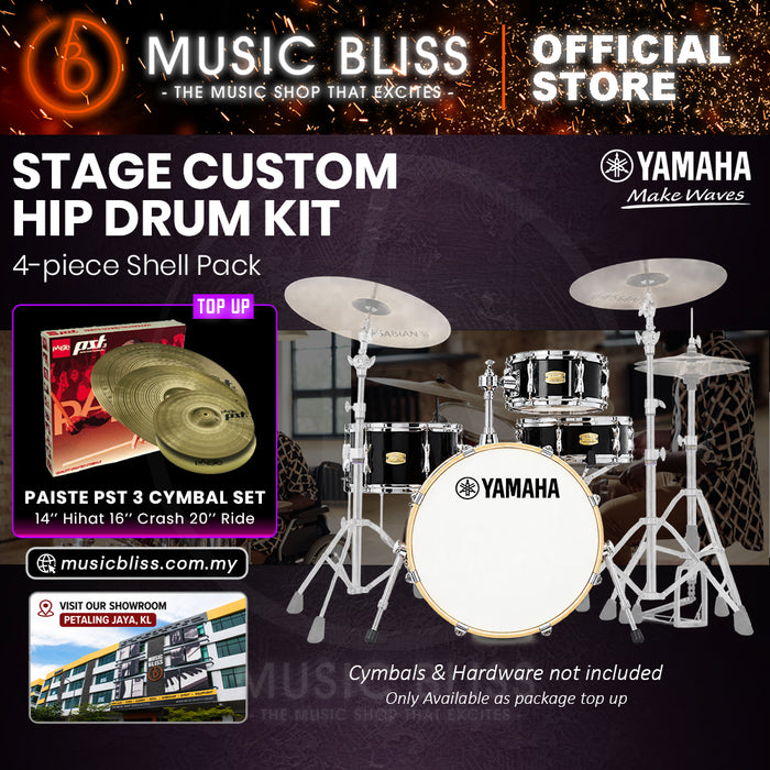 Yamaha Stage Custom Hip 4-Piece Acoustic Drum Kit – 20" Bass Drum – Shell Pack Only or Complete Package with Hardware & Cymbals - Raven Black