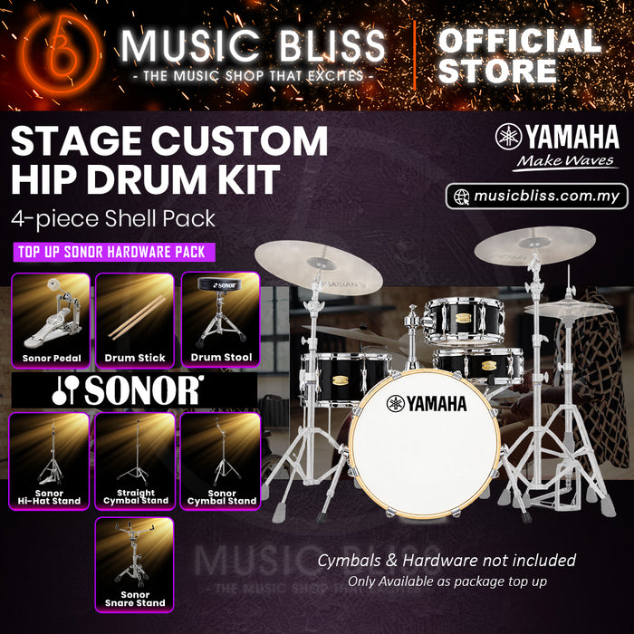 Yamaha Stage Custom Hip 4-Piece Acoustic Drum Kit – 20" Bass Drum – Shell Pack Only or Complete Package with Hardware & Cymbals - Raven Black