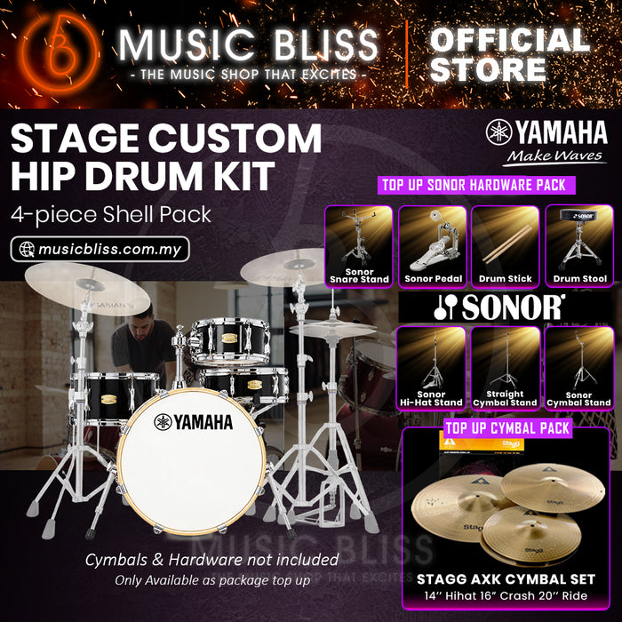 Yamaha Stage Custom Hip 4-Piece Acoustic Drum Kit – 20" Bass Drum – Shell Pack Only or Complete Package with Hardware & Cymbals - Raven Black