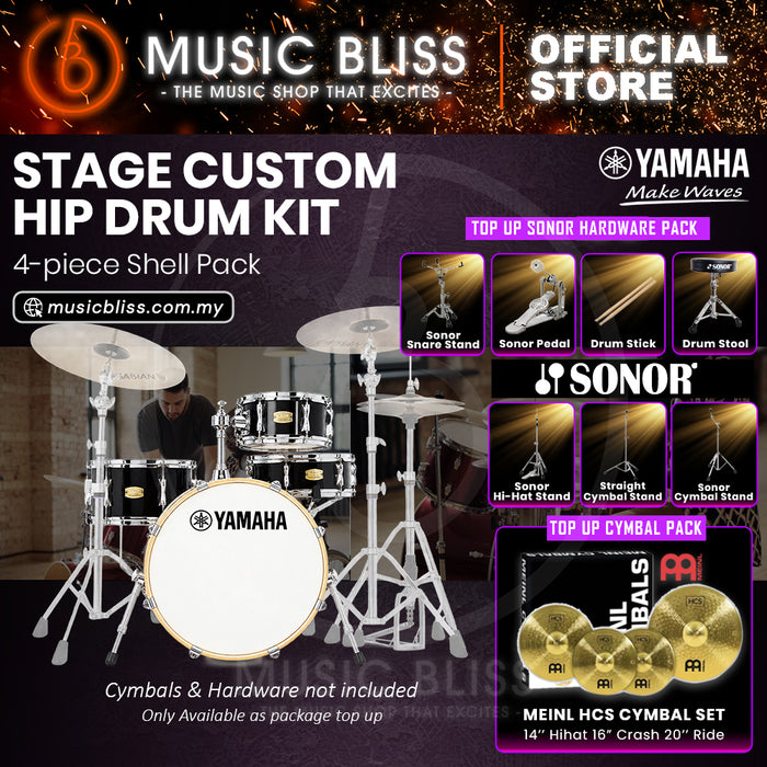 Yamaha Stage Custom Hip 4-Piece Acoustic Drum Kit – 20" Bass Drum – Shell Pack Only or Complete Package with Hardware & Cymbals - Raven Black