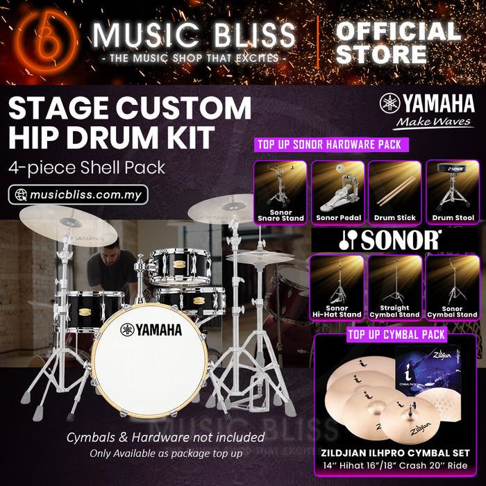Yamaha Stage Custom Hip 4-Piece Acoustic Drum Kit – 20" Bass Drum – Shell Pack Only or Complete Package with Hardware & Cymbals - Raven Black