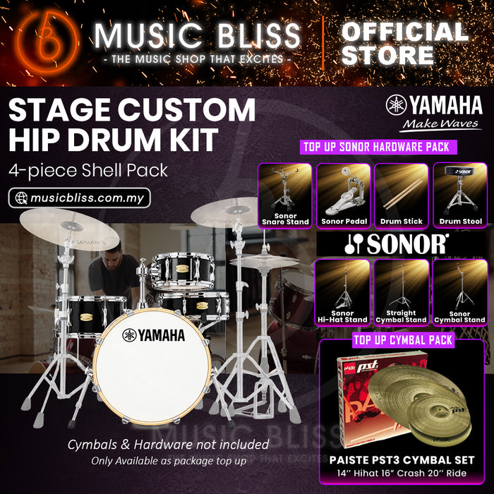 Yamaha Stage Custom Hip 4-Piece Acoustic Drum Kit – 20" Bass Drum – Shell Pack Only or Complete Package with Hardware & Cymbals - Raven Black