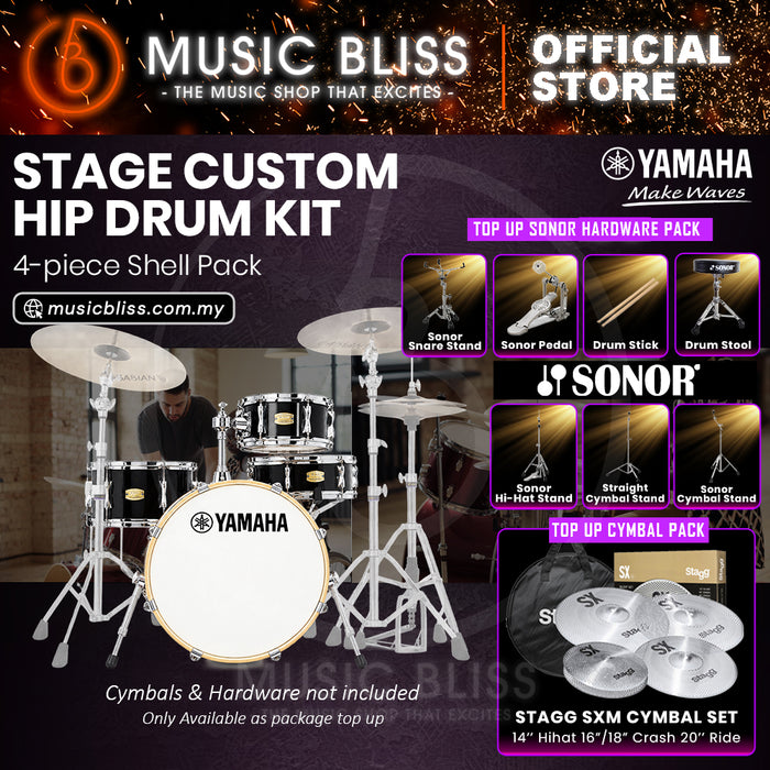 Yamaha Stage Custom Hip 4-Piece Acoustic Drum Kit – 20" Bass Drum – Shell Pack Only or Complete Package with Hardware & Cymbals - Raven Black