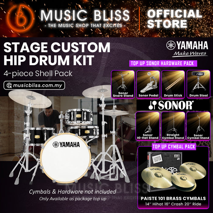Yamaha Stage Custom Hip 4-Piece Acoustic Drum Kit – 20" Bass Drum – Shell Pack Only or Complete Package with Hardware & Cymbals - Raven Black