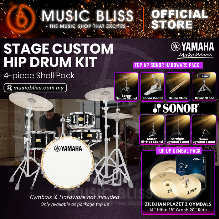 Yamaha Stage Custom Hip 4-Piece Acoustic Drum Kit – 20" Bass Drum – Shell Pack Only or Complete Package with Hardware & Cymbals - Raven Black