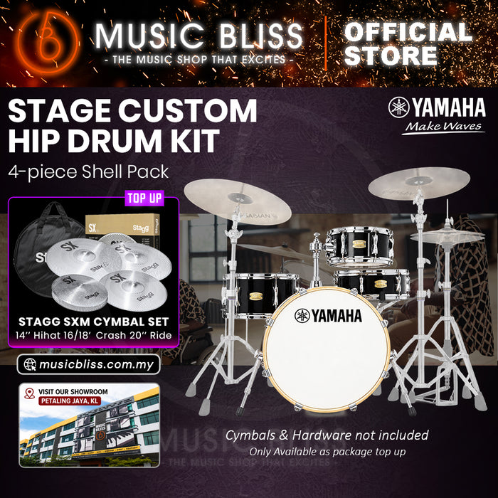 Yamaha Stage Custom Hip 4-Piece Acoustic Drum Kit – 20" Bass Drum – Shell Pack Only or Complete Package with Hardware & Cymbals - Raven Black