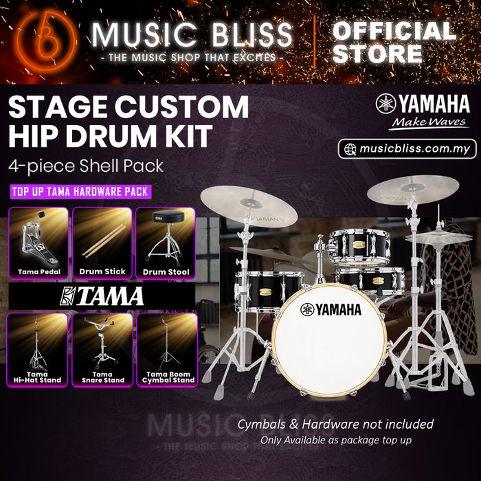 Yamaha Stage Custom Hip 4-Piece Acoustic Drum Kit – 20" Bass Drum – Shell Pack Only or Complete Package with Hardware & Cymbals - Raven Black