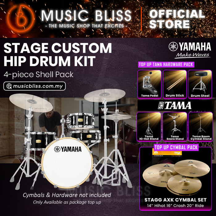 Yamaha Stage Custom Hip 4-Piece Acoustic Drum Kit – 20" Bass Drum – Shell Pack Only or Complete Package with Hardware & Cymbals - Raven Black