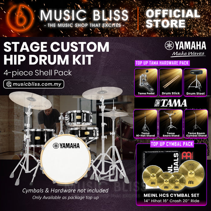Yamaha Stage Custom Hip 4-Piece Acoustic Drum Kit – 20" Bass Drum – Shell Pack Only or Complete Package with Hardware & Cymbals - Raven Black