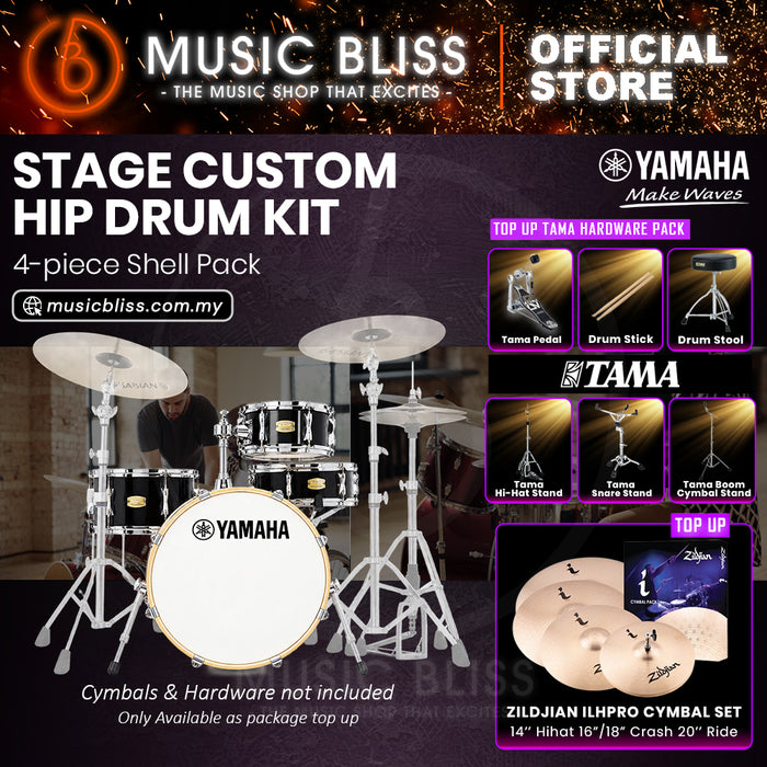 Yamaha Stage Custom Hip 4-Piece Acoustic Drum Kit – 20" Bass Drum – Shell Pack Only or Complete Package with Hardware & Cymbals - Raven Black