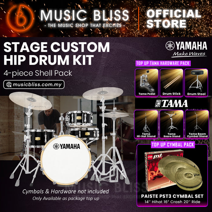 Yamaha Stage Custom Hip 4-Piece Acoustic Drum Kit – 20" Bass Drum – Shell Pack Only or Complete Package with Hardware & Cymbals - Raven Black