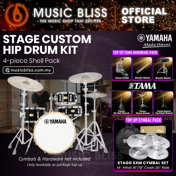 Yamaha Stage Custom Hip 4-Piece Acoustic Drum Kit – 20" Bass Drum – Shell Pack Only or Complete Package with Hardware & Cymbals - Raven Black