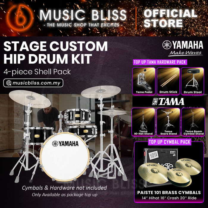 Yamaha Stage Custom Hip 4-Piece Acoustic Drum Kit – 20" Bass Drum – Shell Pack Only or Complete Package with Hardware & Cymbals - Raven Black