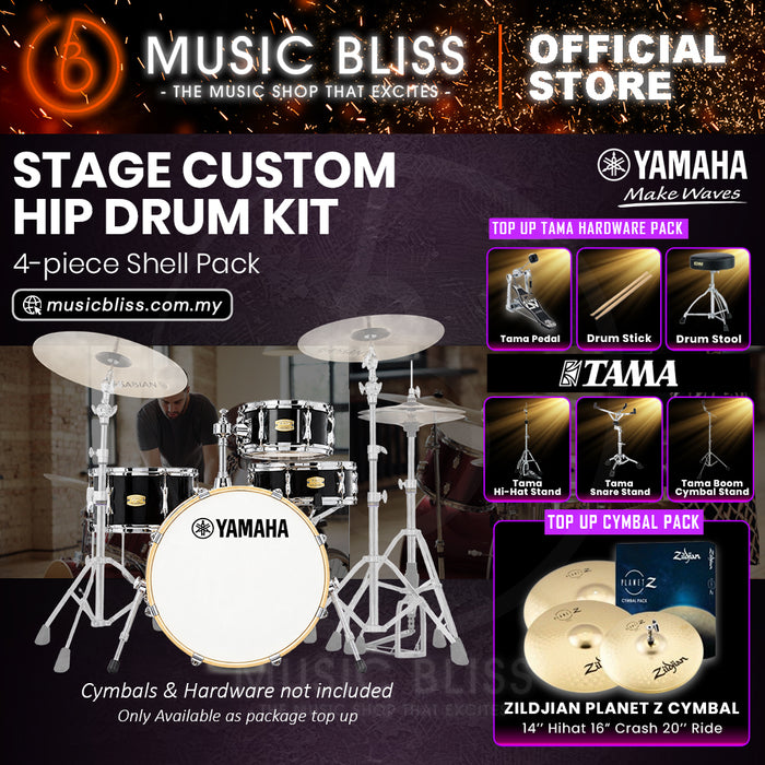 Yamaha Stage Custom Hip 4-Piece Acoustic Drum Kit – 20" Bass Drum – Shell Pack Only or Complete Package with Hardware & Cymbals - Raven Black