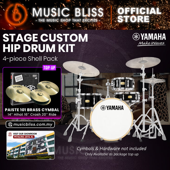 Yamaha Stage Custom Hip 4-Piece Acoustic Drum Kit – 20" Bass Drum – Shell Pack Only or Complete Package with Hardware & Cymbals - Raven Black