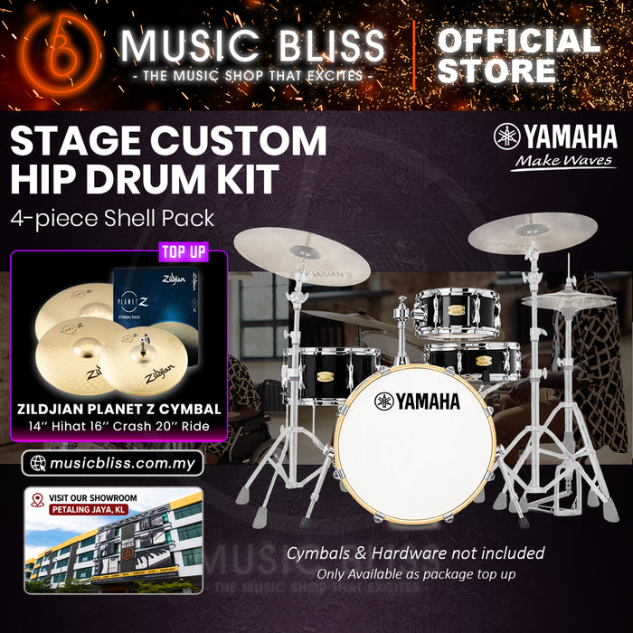Yamaha Stage Custom Hip 4-Piece Acoustic Drum Kit – 20" Bass Drum – Shell Pack Only or Complete Package with Hardware & Cymbals - Raven Black