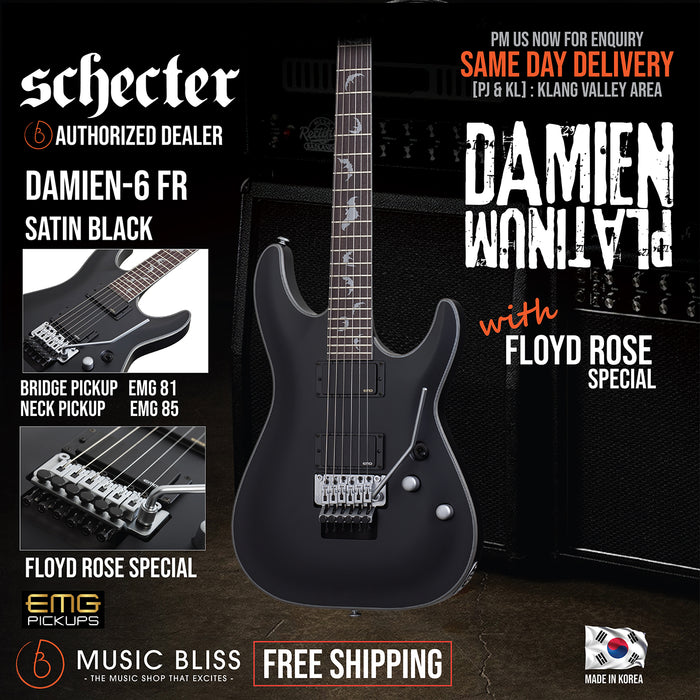 Schecter Damien Platinum 6 FR - Satin Black [MIK] - Music Bliss Malaysia