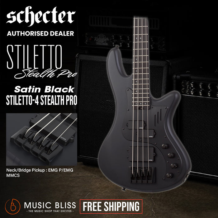 Schecter Stiletto-4 Stealth Pro Electric Bass Guitar - Satin Black