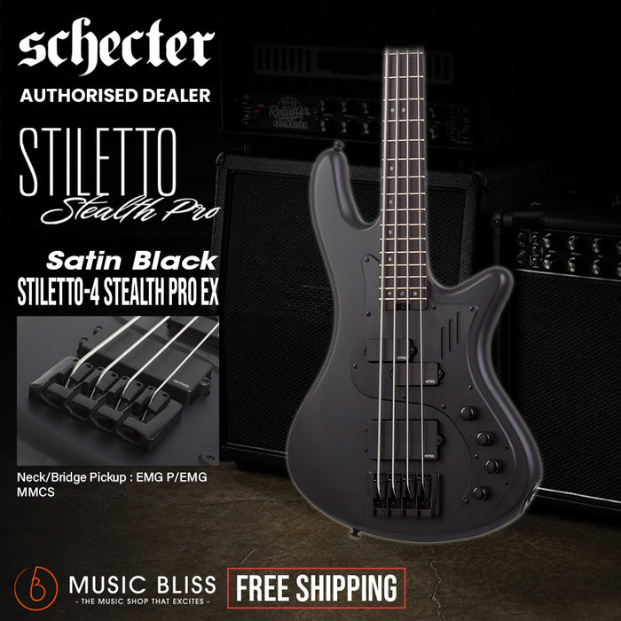 Schecter Stiletto-4 Stealth Pro Ex Electric Bass Guitar - Satin Black