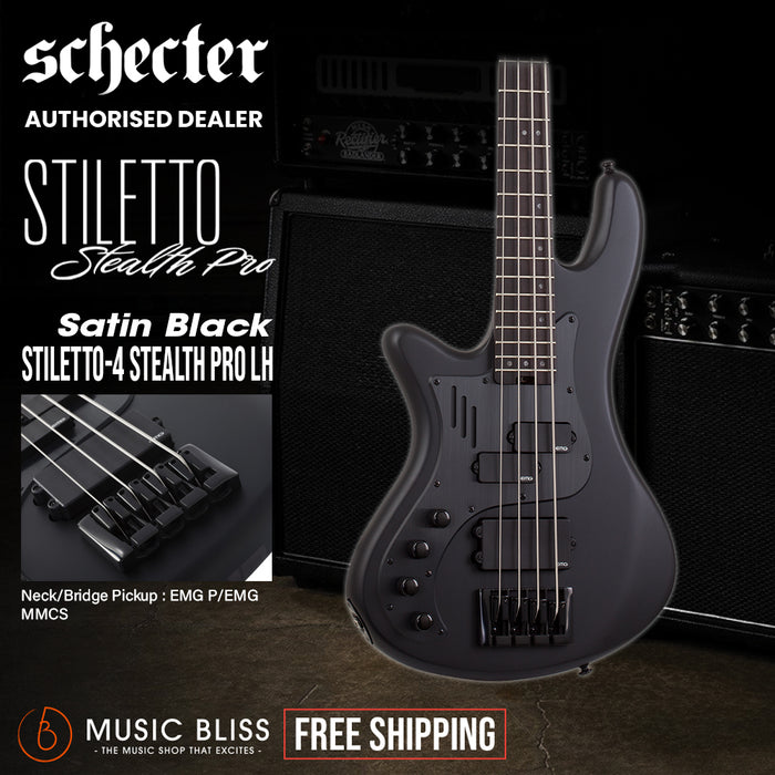 Schecter Stiletto-4 Stealth Pro Left-Handed Electric Bass Guitar - Satin Black