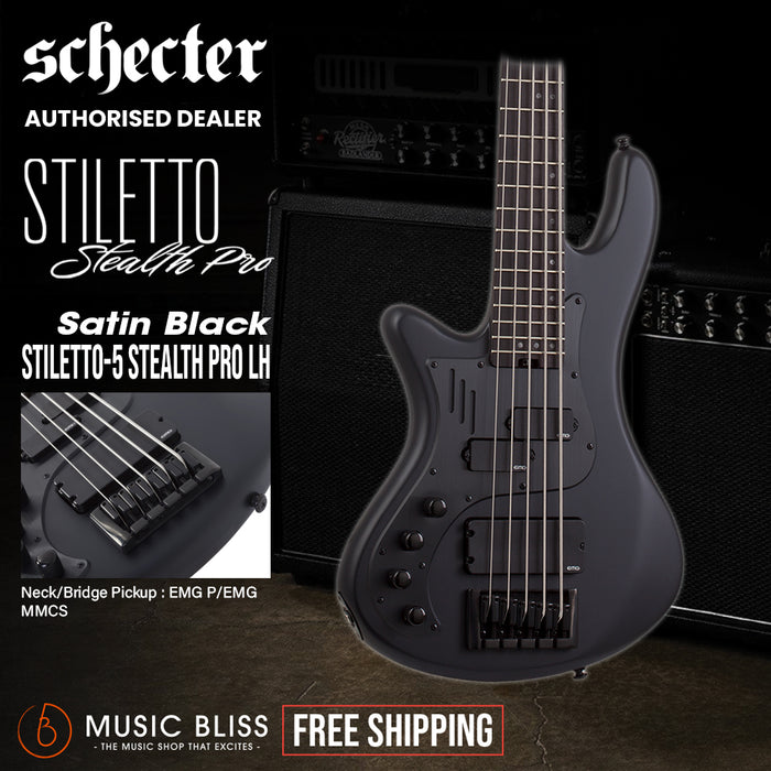 Schecter Stiletto-5 Stealth Pro Left-Handed Electric Bass Guitar - Satin Black
