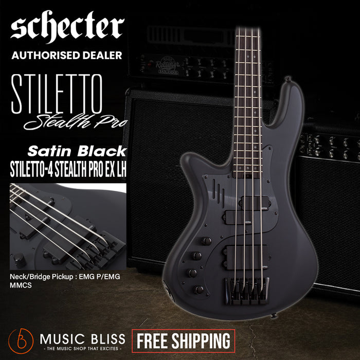 Schecter Stiletto-4 Stealth Pro EX Left-Handed Electric Bass Guitar - Satin Black