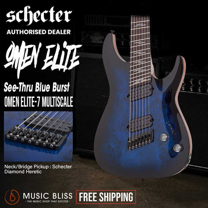Schecter Omen Elite-7 MS Electric Guitar - See-Thru Blue Burst