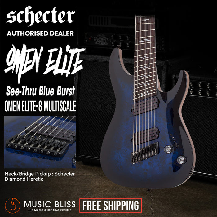 Schecter Omen Elite-8 MS Electric Guitar - See-Thru Blue Burst