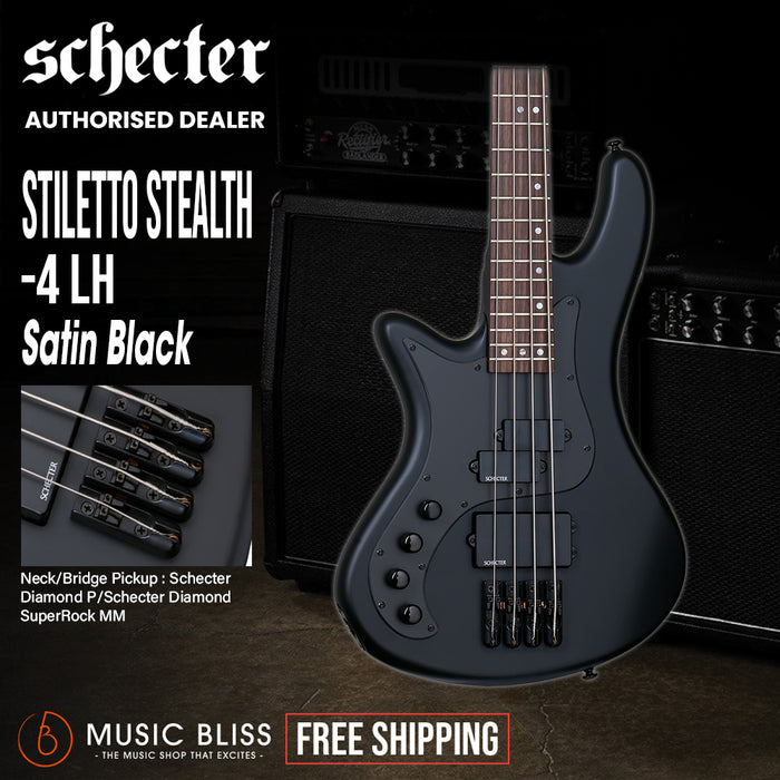 Schecter Stiletto Stealth-4 Left-Handed Electric Bass Guitar - Satin Black